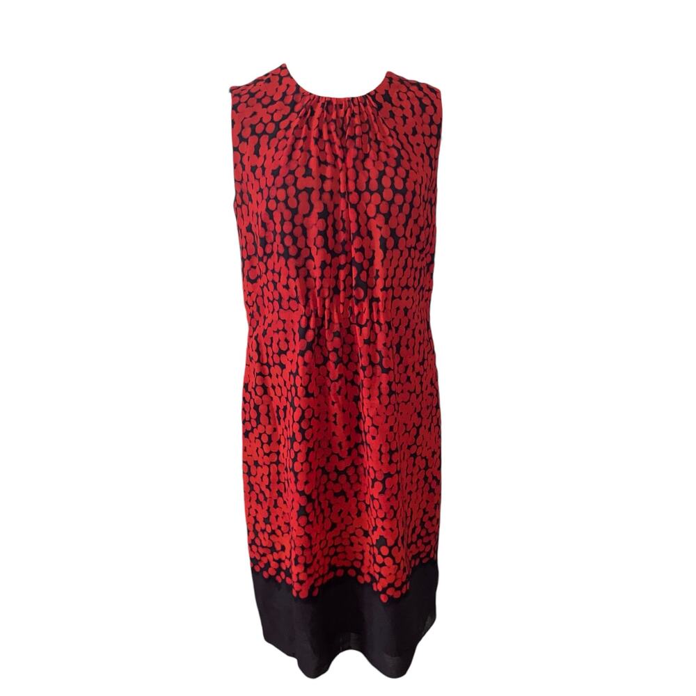 Akris Punto Wool Red Brown Print Sleeveless Knee Length Shift Dress Size 10